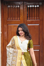 Veena – Olive Green & Ivory Raw Silk A-Line Suit Set with Printed Dupatta