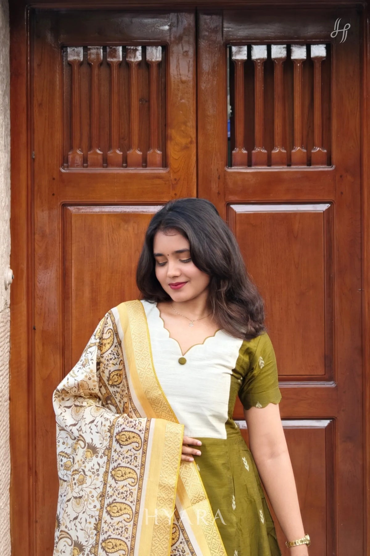 Veena – Olive Green & Ivory Raw Silk A-Line Suit Set with Printed Dupatta