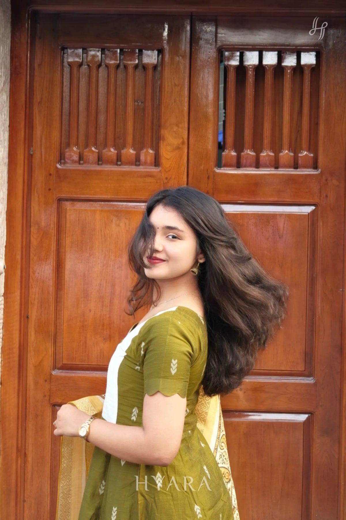 Veena – Olive Green & Ivory Raw Silk A-Line Suit Set with Printed Dupatta