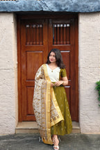 Veena – Olive Green & Ivory Raw Silk A-Line Suit Set with Printed Dupatta