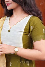 Veena – Olive Green & Ivory Raw Silk A-Line Suit Set with Printed Dupatta
