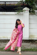 Yamika – Mauve Pink Raw Silk Suit Set with Printed Silk Dupatta