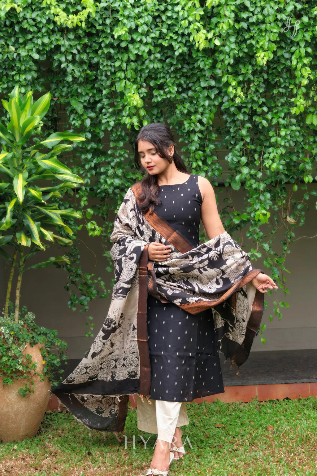 Yashika – Black Raw Silk A-Line Suit Set with Kalamkari Dupatta