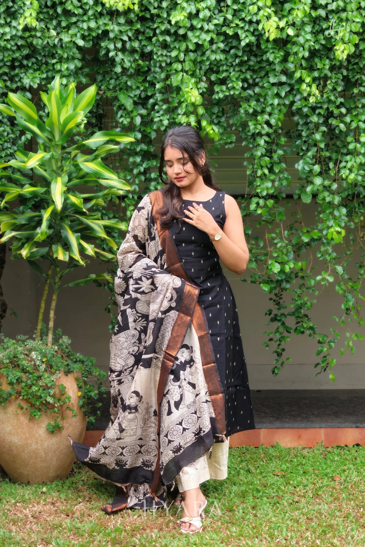 Yashika – Black Raw Silk A-Line Suit Set with Kalamkari Dupatta