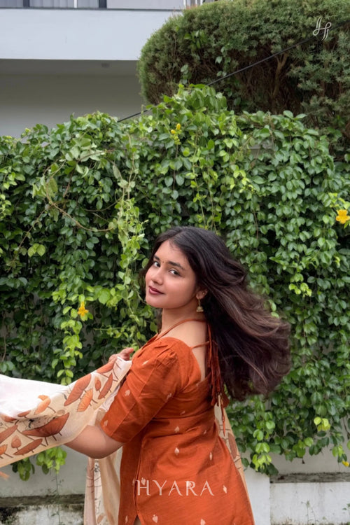 Fanta – Burnt Orange Raw Silk Suit Set with Printed Silk Dupatta
