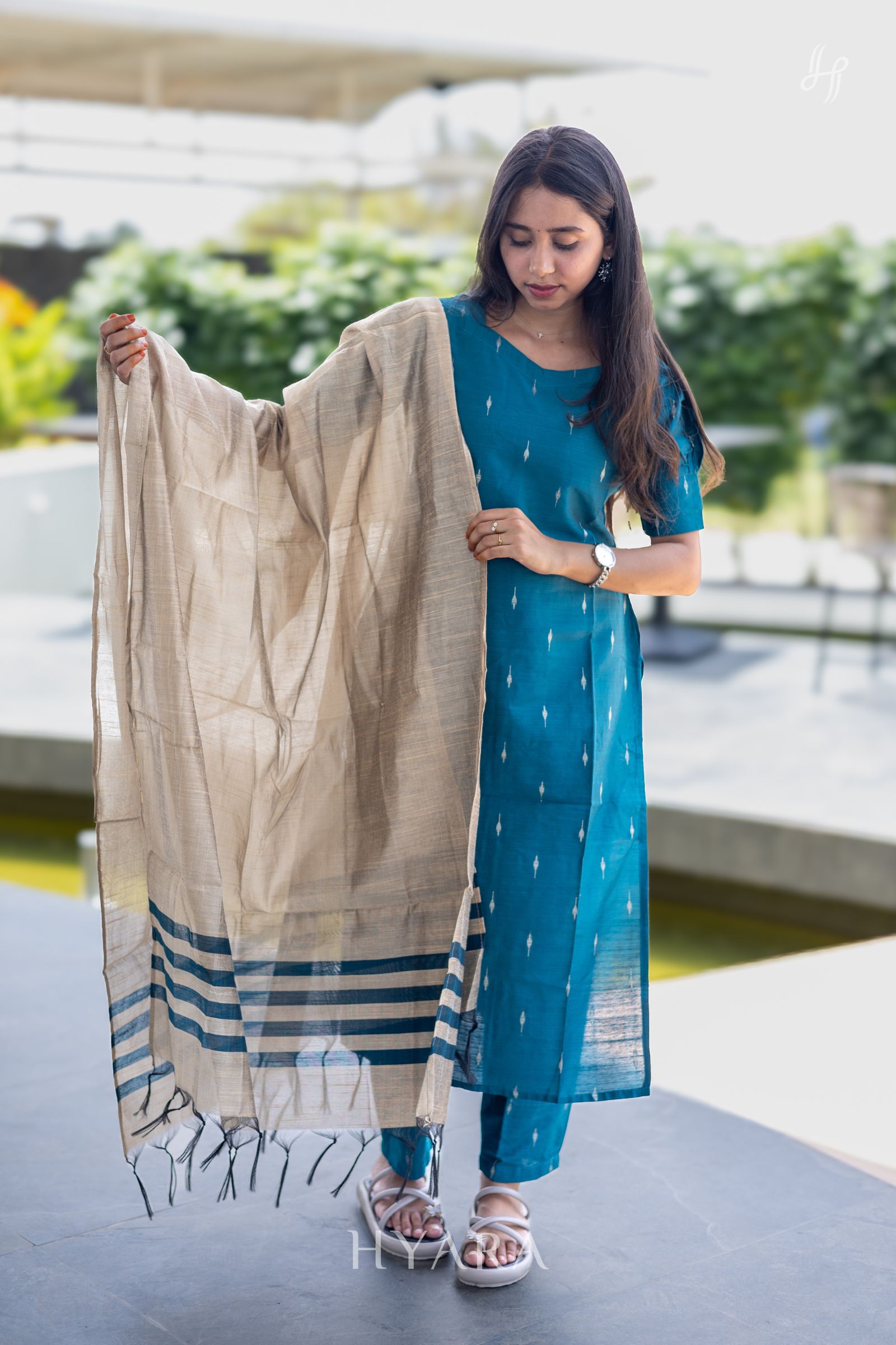 Ira Teal Blue Raw Silk Kurti Set