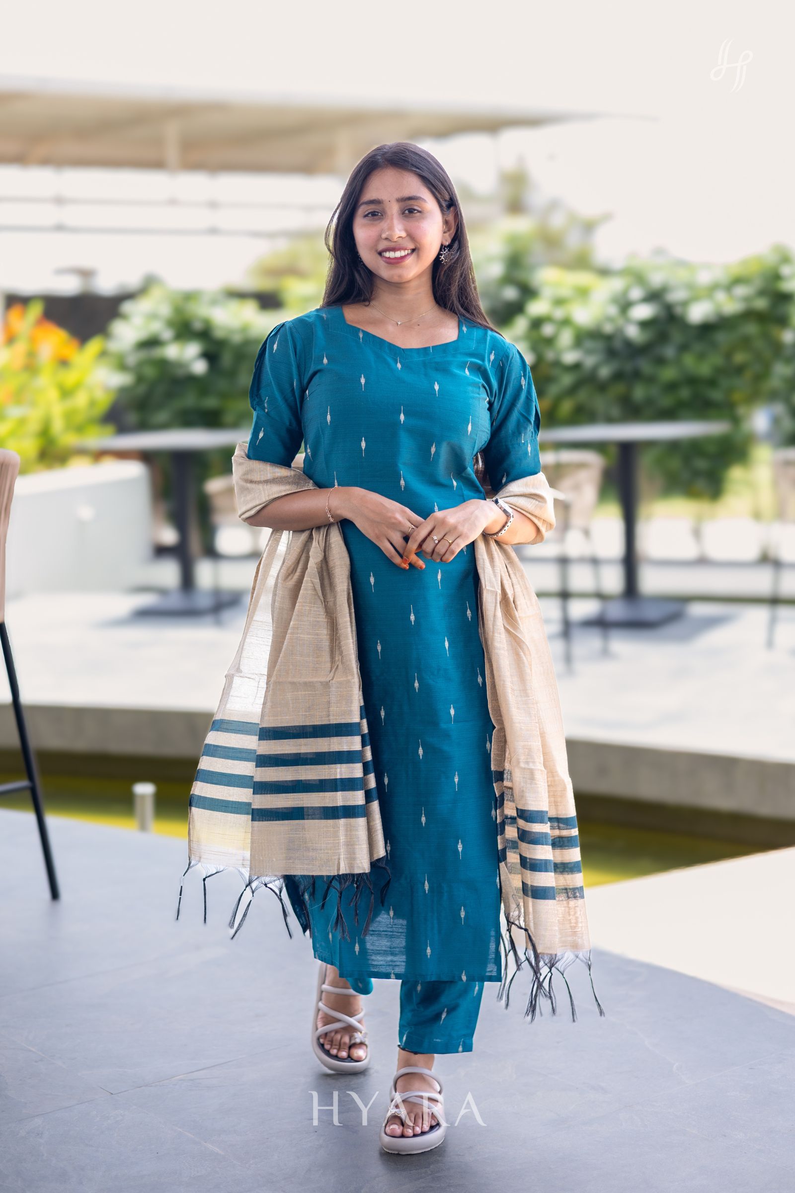 Ira Teal Blue Raw Silk Kurti Set