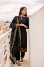 Karmagam –  Black Mangalagiri Cotton 3-Piece Kurti Set