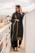 Karmagam –  Black Mangalagiri Cotton 3-Piece Kurti Set