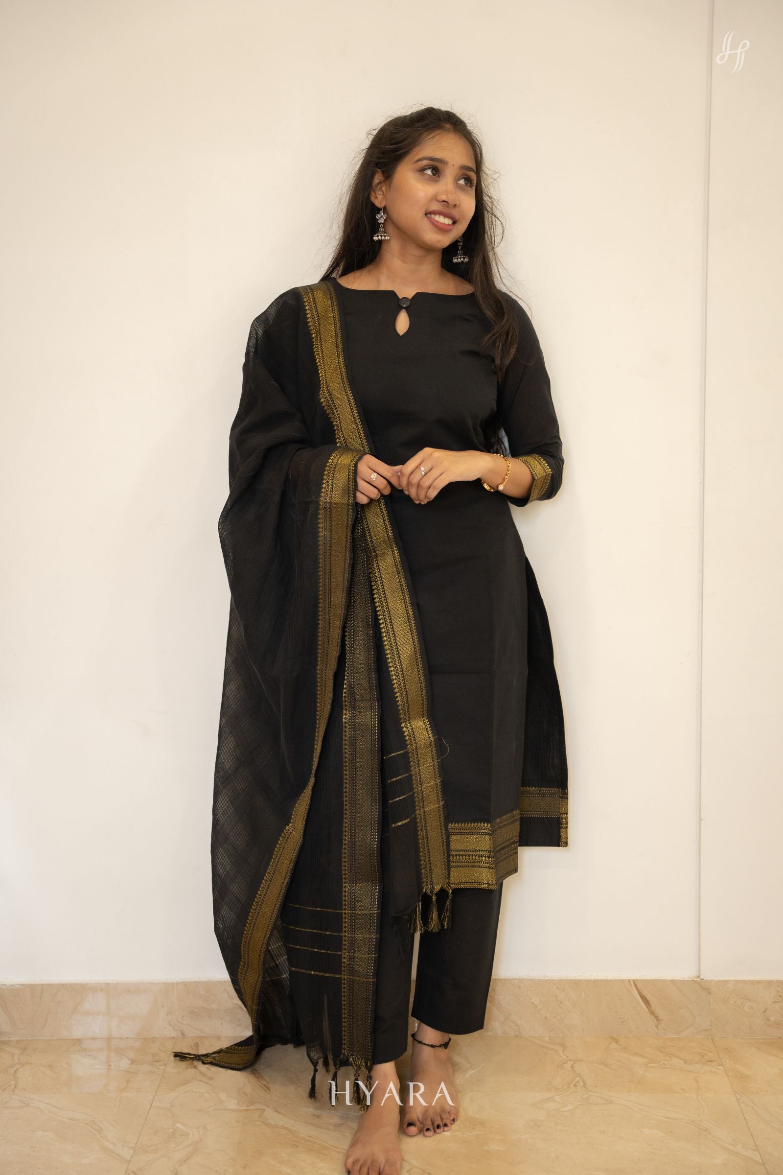 Karmagam –  Black Mangalagiri Cotton 3-Piece Kurti Set