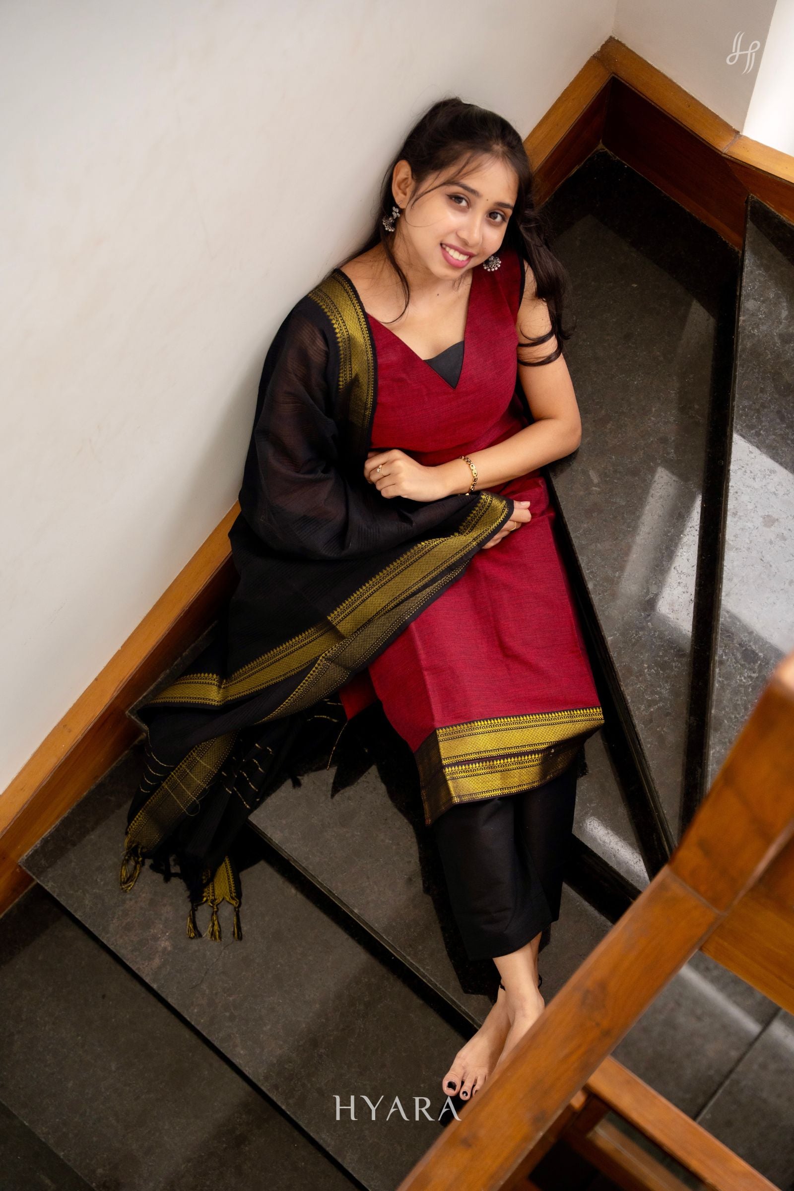 Sindhuri – Red Mangalagiri Cotton 3-Piece Kurti Set