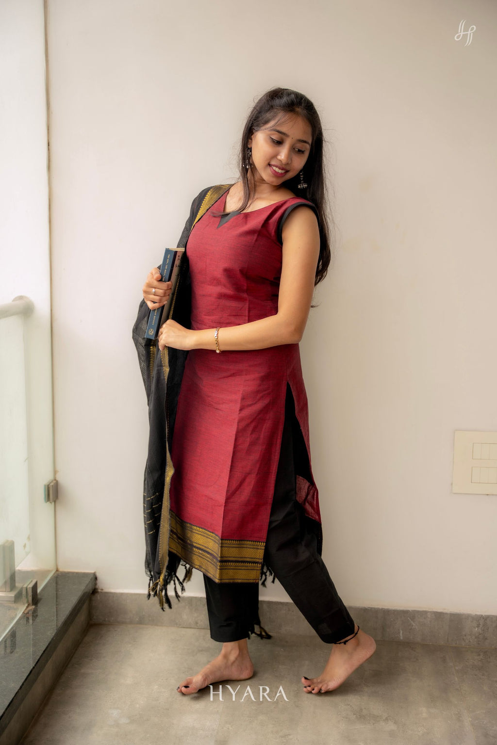 Sindhuri – Red Mangalagiri Cotton 3-Piece Kurti Set
